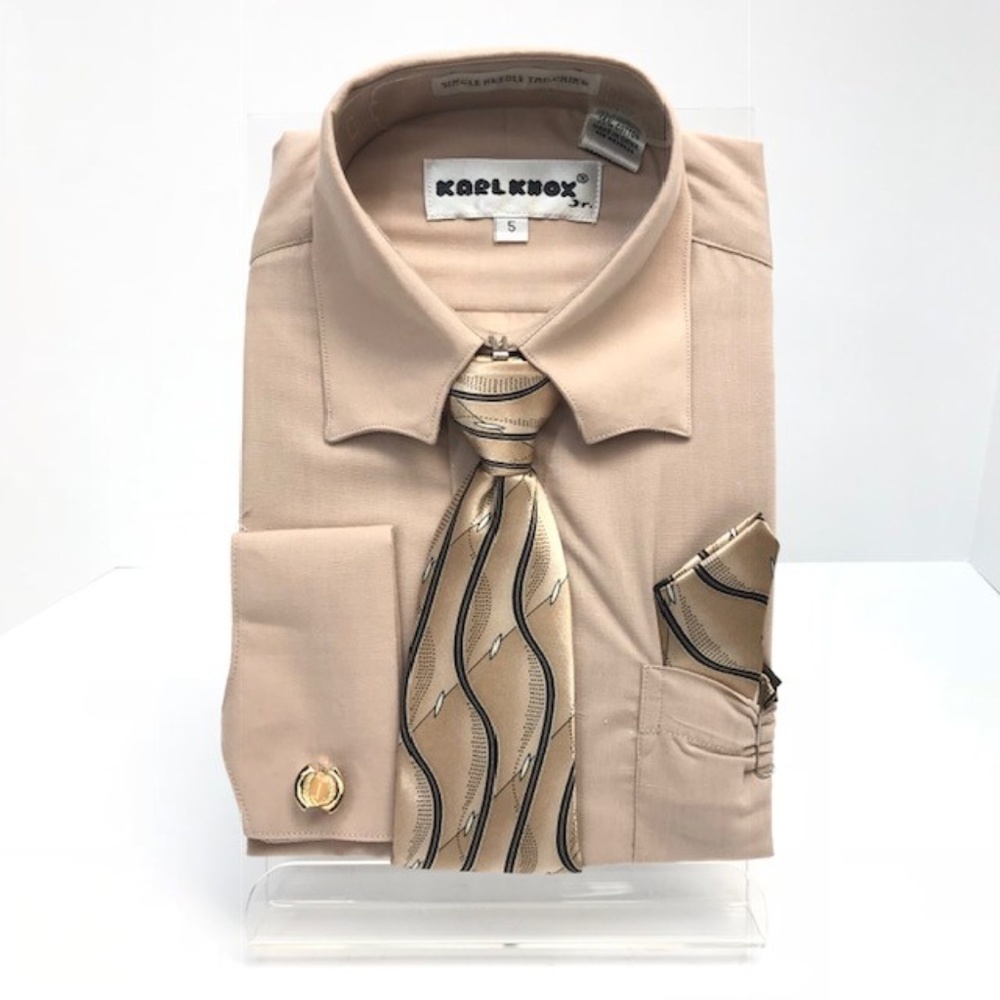 Karl Knox Boys Brown Dress Shirt Brown Black Tie & Hanky Sizes 4 - 5